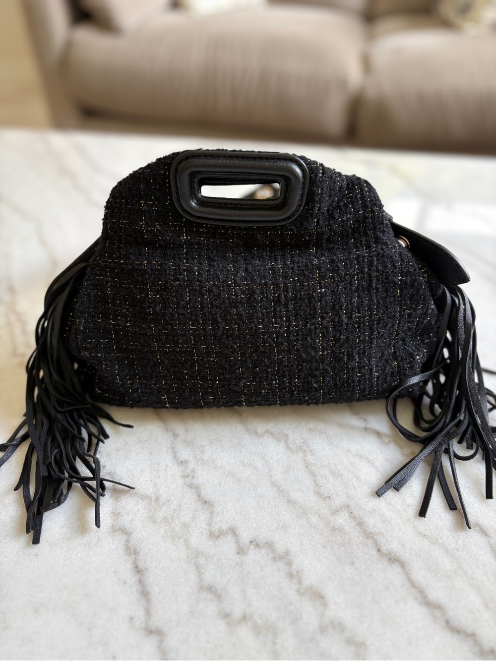 Maje Miss M Mini Black Tweed Fringe Top-Handle or Crossbody Bag